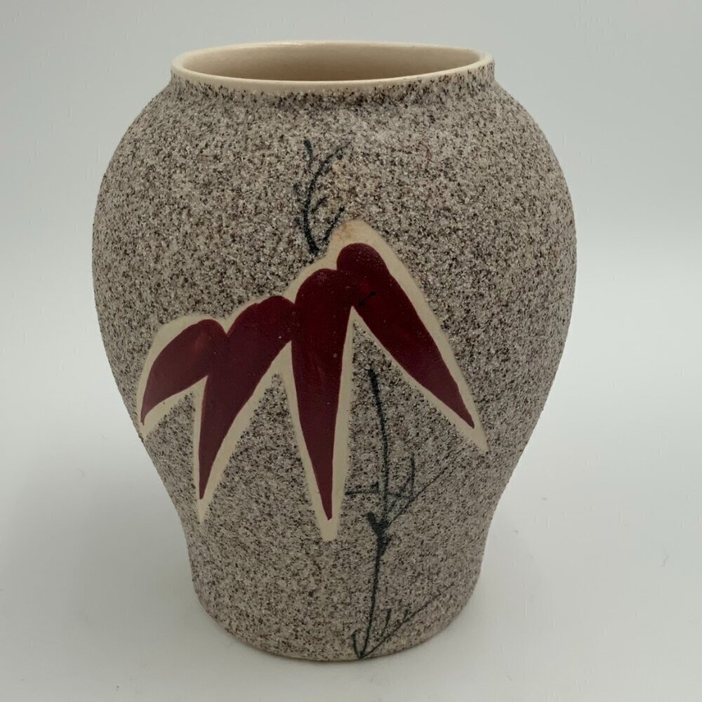 Japanese Beige Sand Encrusted Flower Vase, Bamboo Leaves, 5.5" Tall x 4.5" Wide